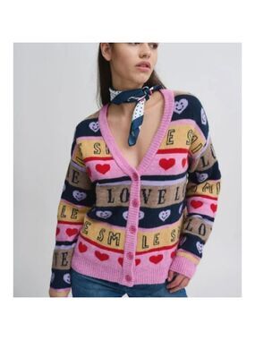 ICHI Colorful Love and Smile Patterned Women's Sweater Size Medium